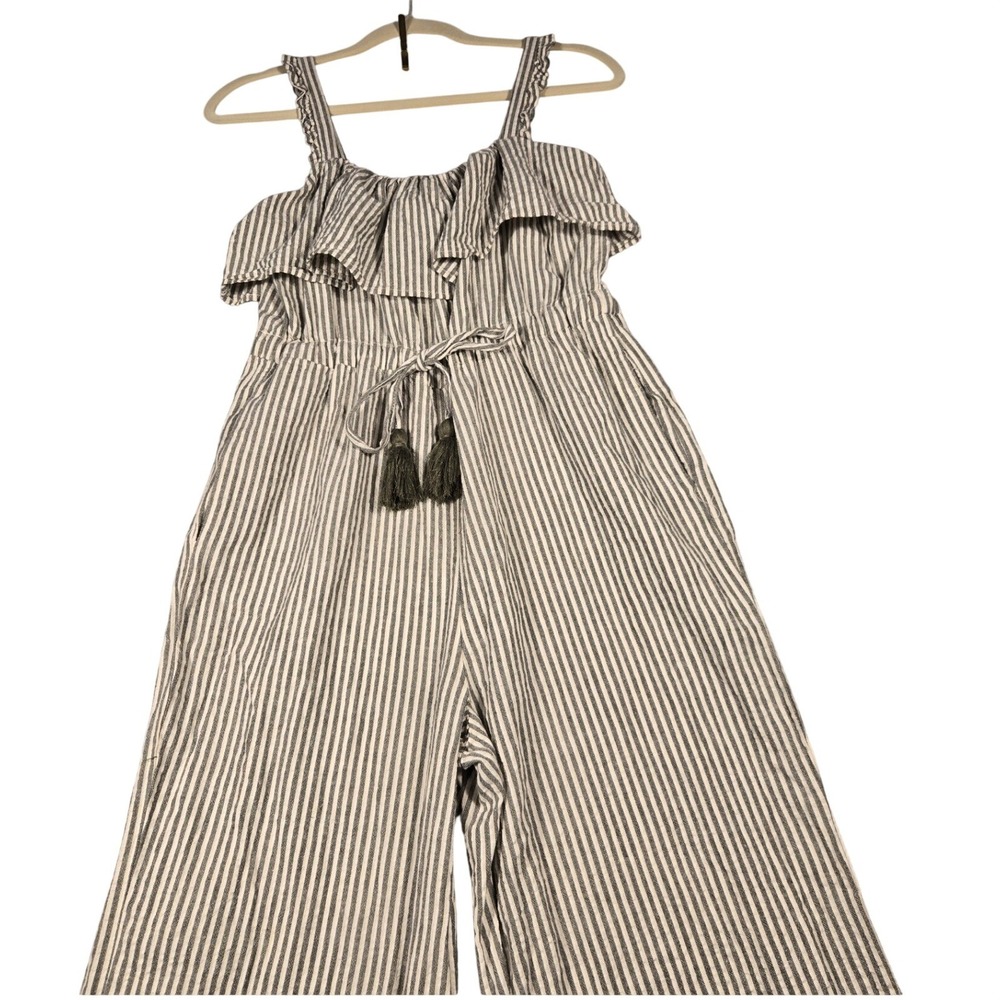 Zara Womens Cotton Striped Wide Leg Cropped Pants Neutral Elastic Waist